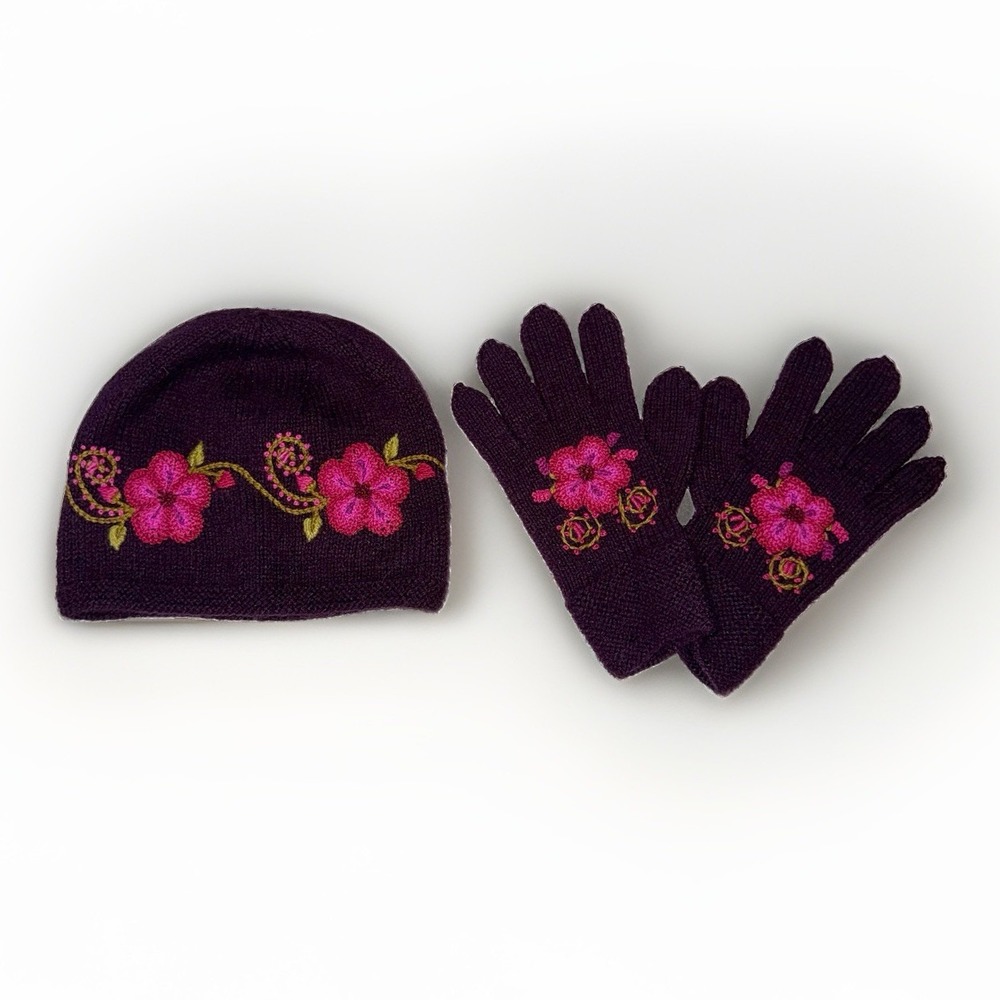 Peruvian Trading Co Alpaca Hat Gloves Set Purple Floral Embroidered Peru Boho